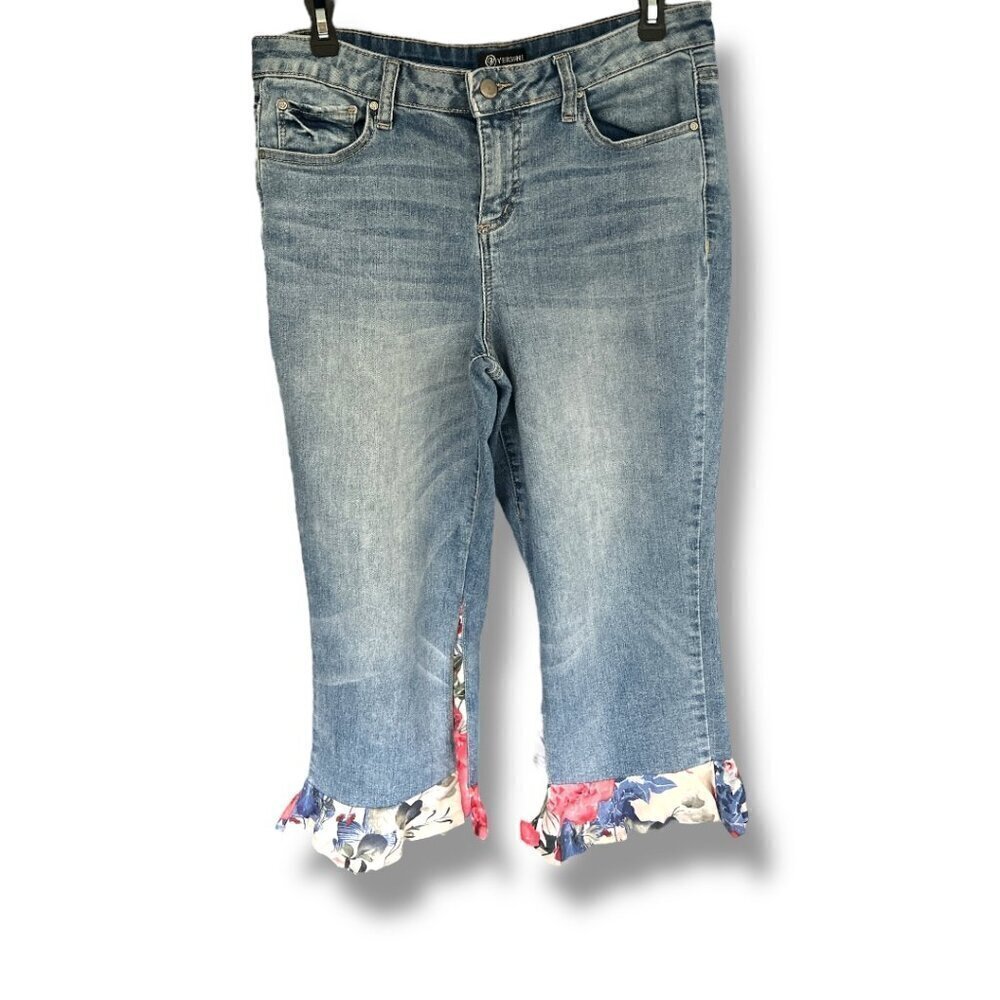 Women's Versona Contemporary Boho Ankle Jeans Flare Ruffle Floral Hem Size 29
